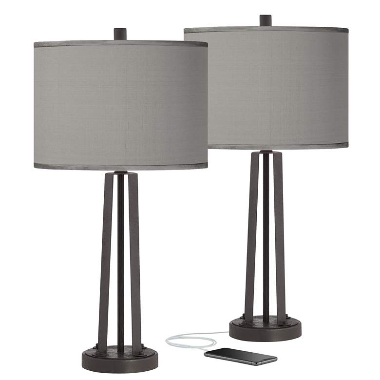 Image 1 Possini Euro Gray Faux Silk and Dark Bronze USB Table Lamps Set of 2