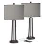 Possini Euro Gray Faux Silk and Dark Bronze USB Table Lamps Set of 2