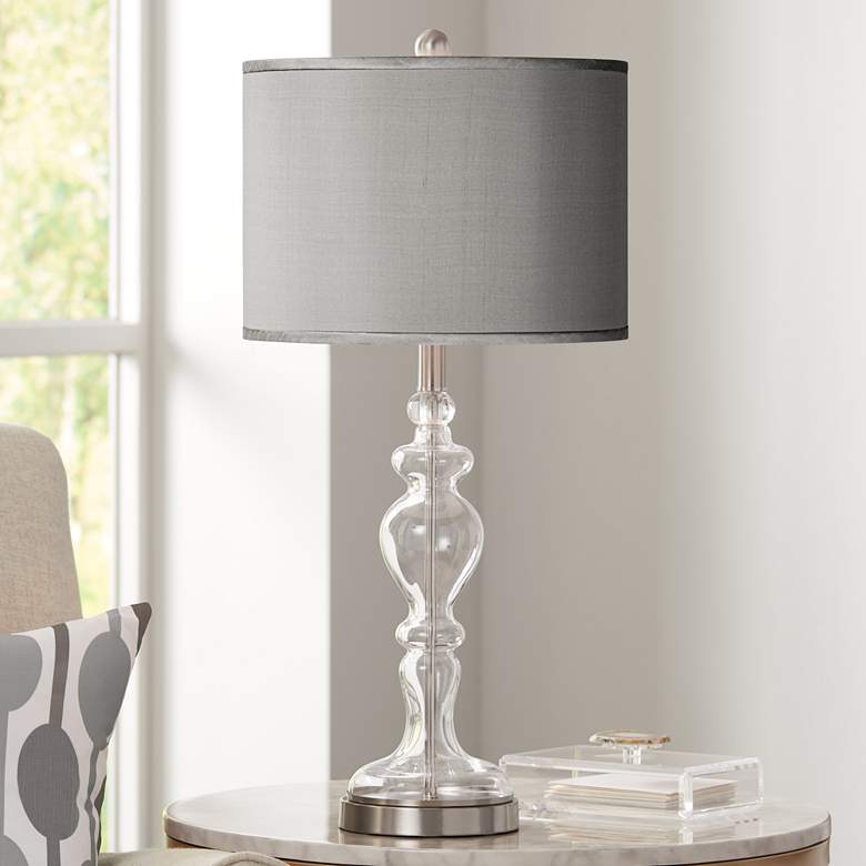 Image 1 Possini Euro Gray Faux Silk Apothecary Clear Glass Table Lamp