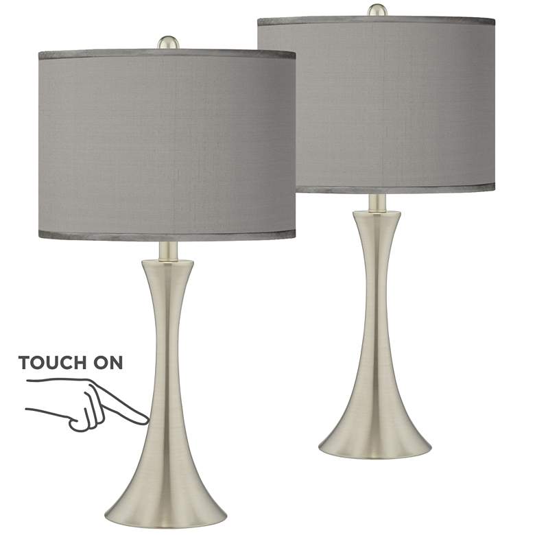 Possini Euro Gray Faux Silk Brushed Nickel Touch Table Lamps Set of 2