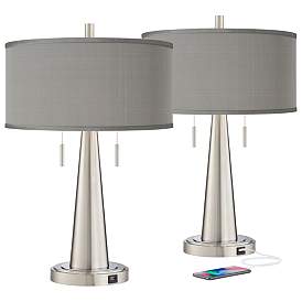 Image2 of Possini Euro Gray Faux Silk Vicki Brushed Nickel USB Table Lamps Set of 2
