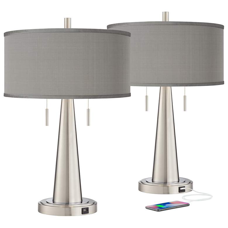 Image 2 Possini Euro Gray Faux Silk Vicki Brushed Nickel USB Table Lamps Set of 2