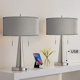 Image1 of Possini Euro Gray Faux Silk Vicki Brushed Nickel USB Table Lamps Set of 2