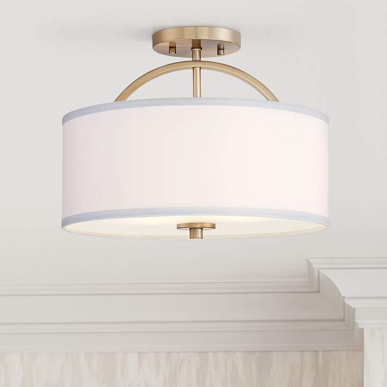 Image 1 Possini Euro Halsted 15" Brass with White Linen Shade Ceiling Light