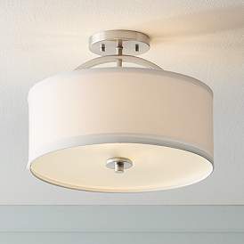 Image1 of Possini Euro Halsted 15" Wide Brushed Nickel Linen Shade Ceiling Light