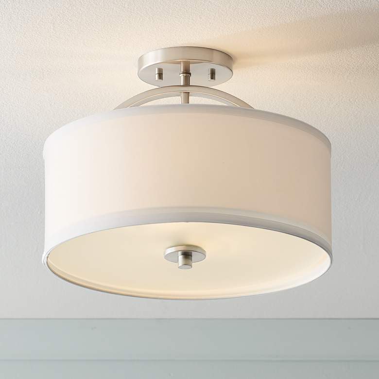 Image 1 Possini Euro Halsted 15" Wide Brushed Nickel Linen Shade Ceiling Light