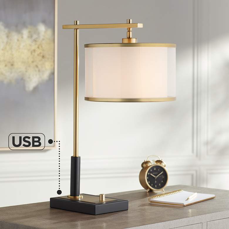 Image 1 Possini Euro Hayven Black and Warm Gold Desk Lamp with Dual USB Ports