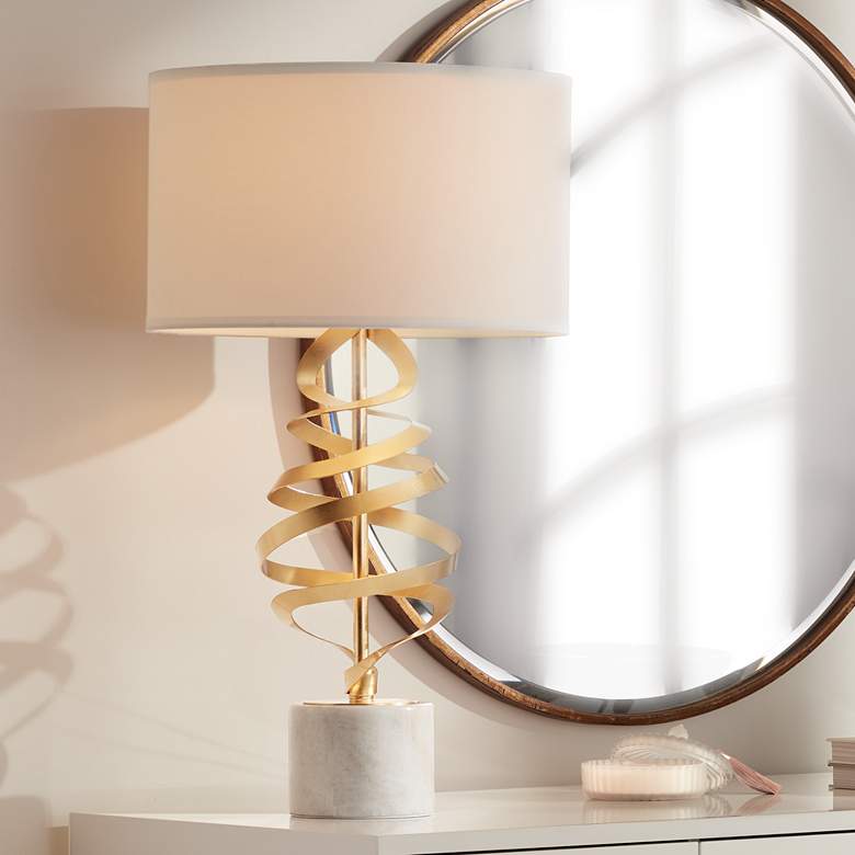 Image 2 Possini Euro Helix 30" Brass and White Marble Modern Lamp with Dimmer