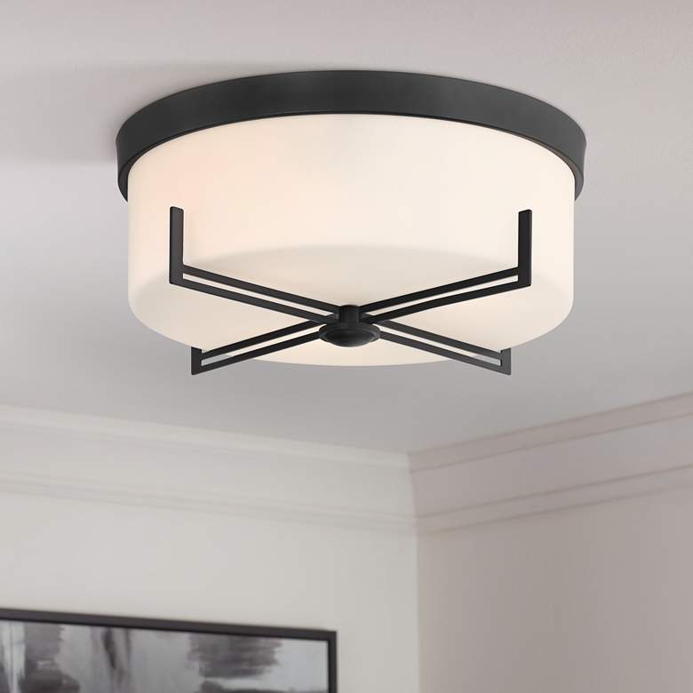 Image 1 Possini Euro Henning 15 1/2" Wide Black Ceiling Light with White Shade