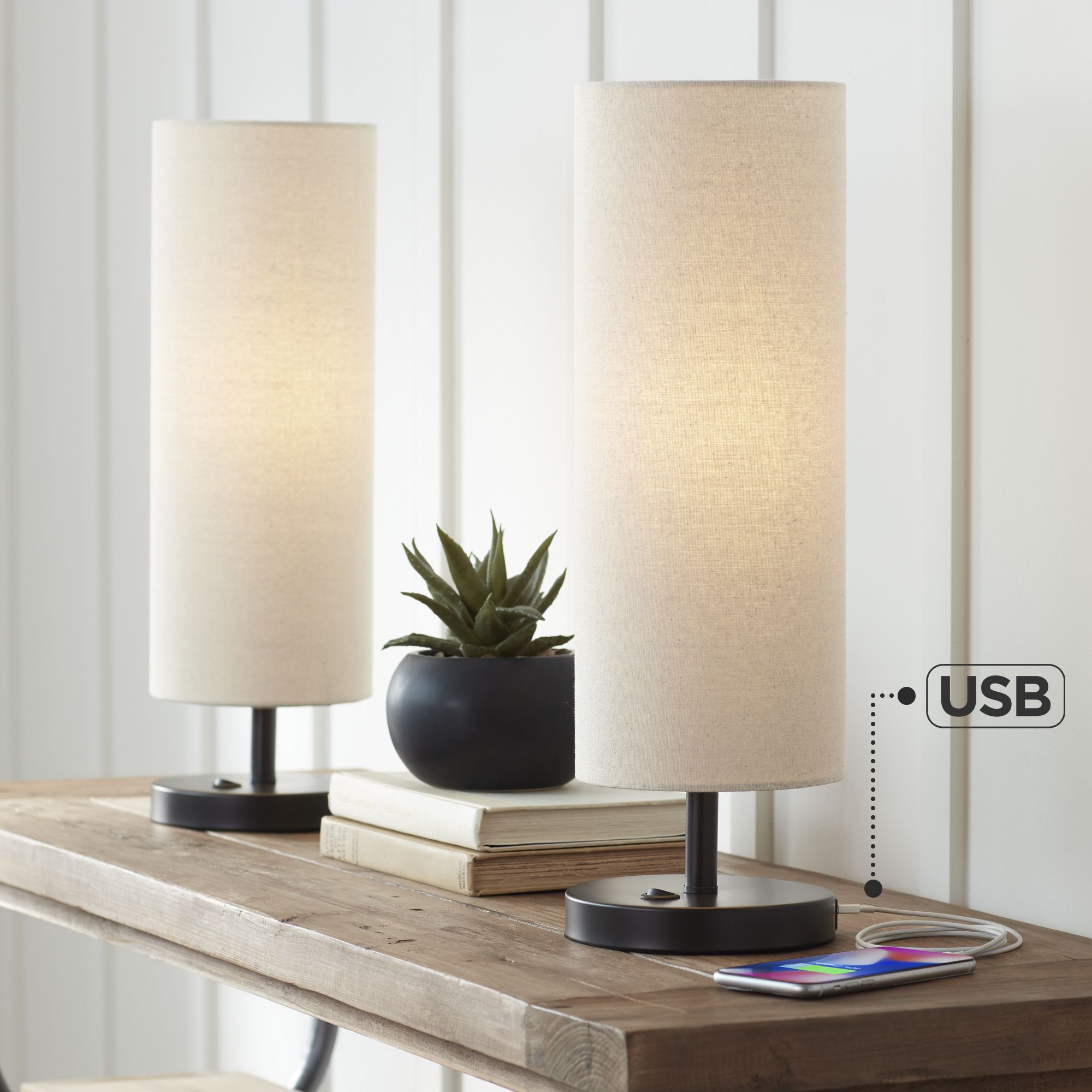 Possini Euro Heyburn 20" Black-Bronze Outlet USB Table Lamps Set of 2