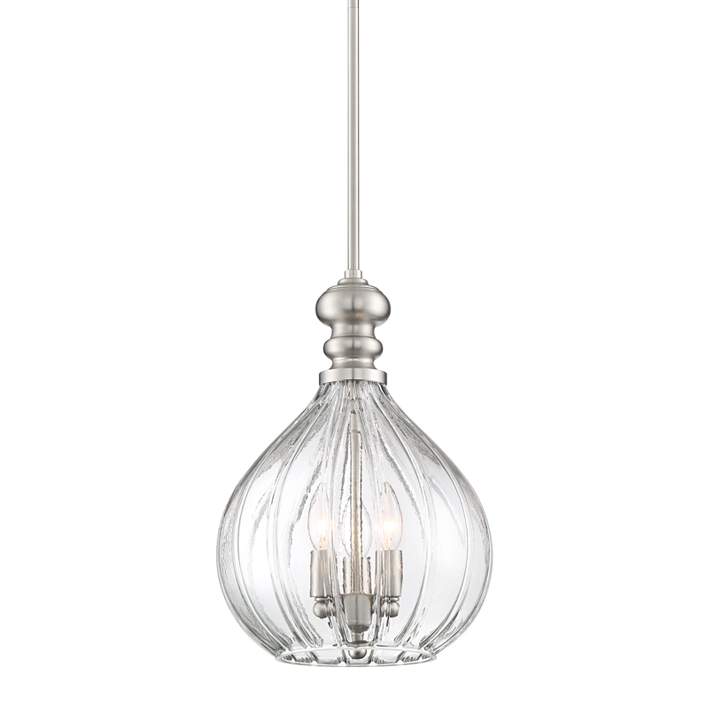Possini Euro Design Houten Brushed Nickel Mini Pendant Chandelier 11 1/2 Wide Fluted Clear Glass 3-Light Fixture for Dining Room House Foyer