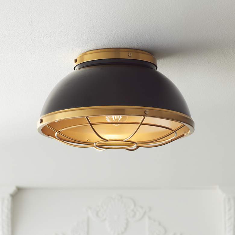 Image 1 Possini Euro Hylara 15" Wide Gloss Black and Warm Brass Ceiling Light