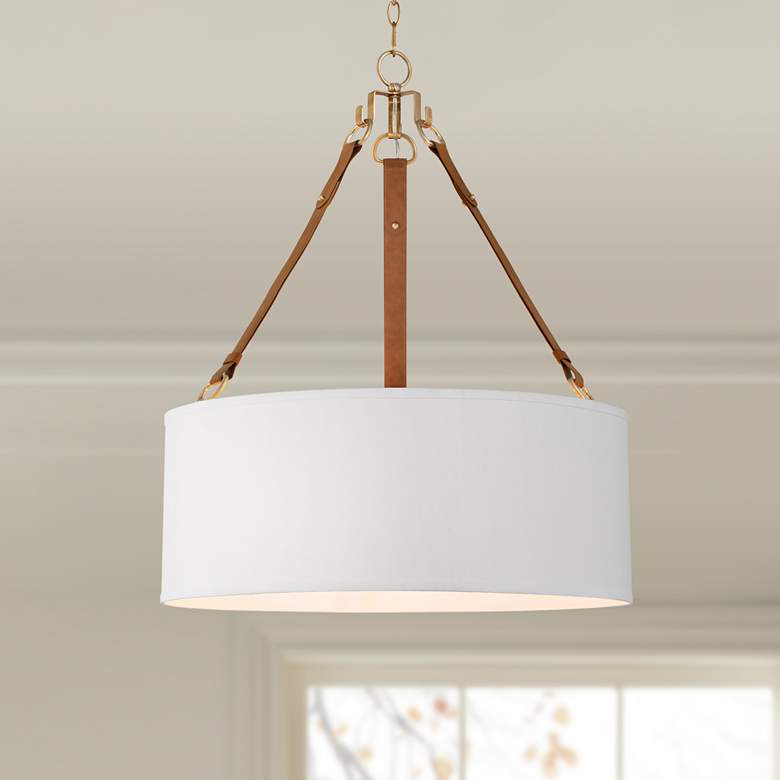 Image 1 Possini Euro Indy 26" White and Leather 5-Light Drum Pendant Light