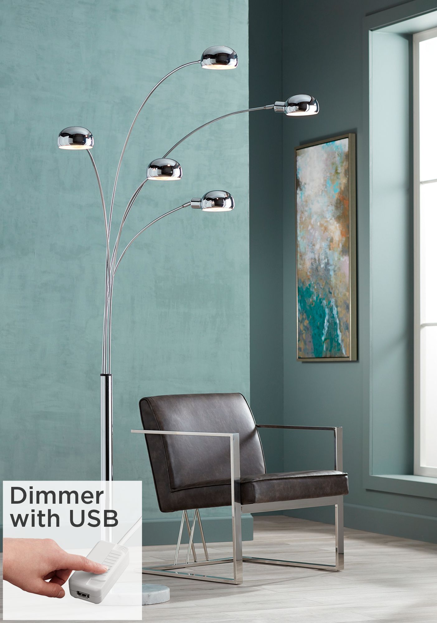 Image Possini Euro Infini 5-Light Arc Floor Lamp with Marble Base and USB Dimmer