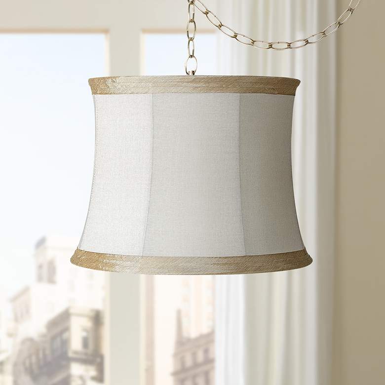 Image 1 Possini Euro Ivory Linen 16 inch Antique Brass Plug-In Swag Chandelier