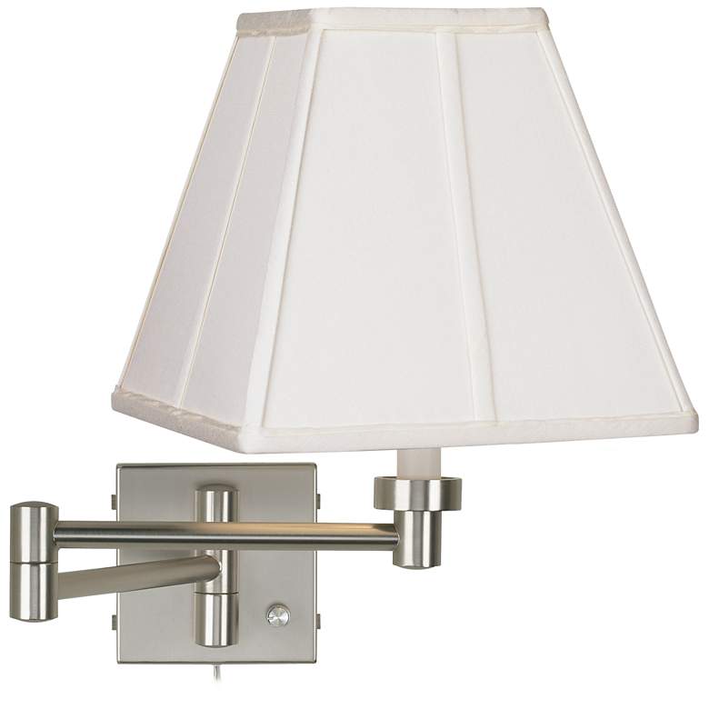 Image 1 Possini Euro Ivory Shade Brushed Nickel Plug-In Swing Arm Wall Lamp