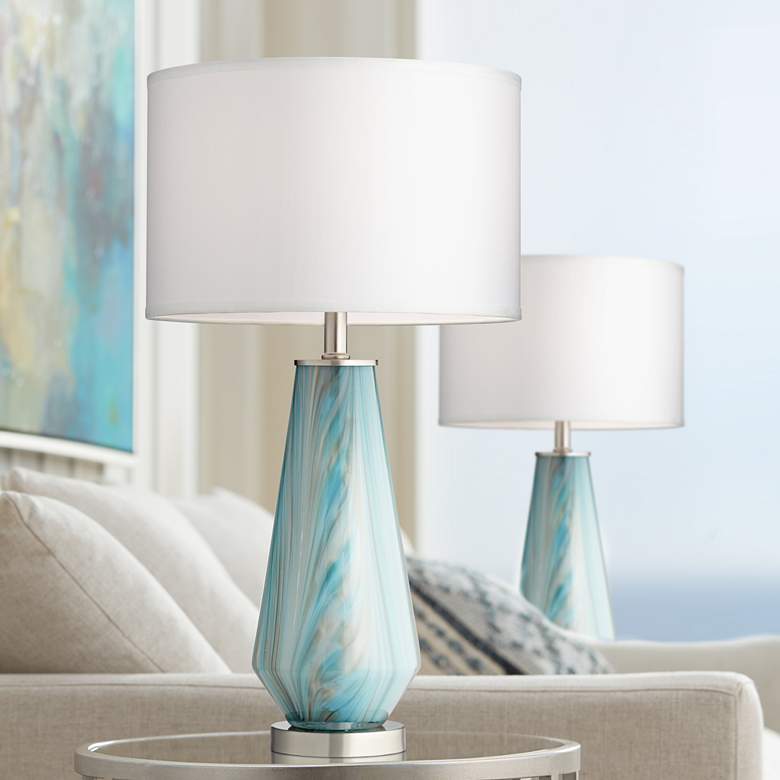 Image 1 Possini Euro Jaime 26 inch Blue and Gray Glass Table Lamps Set of 2