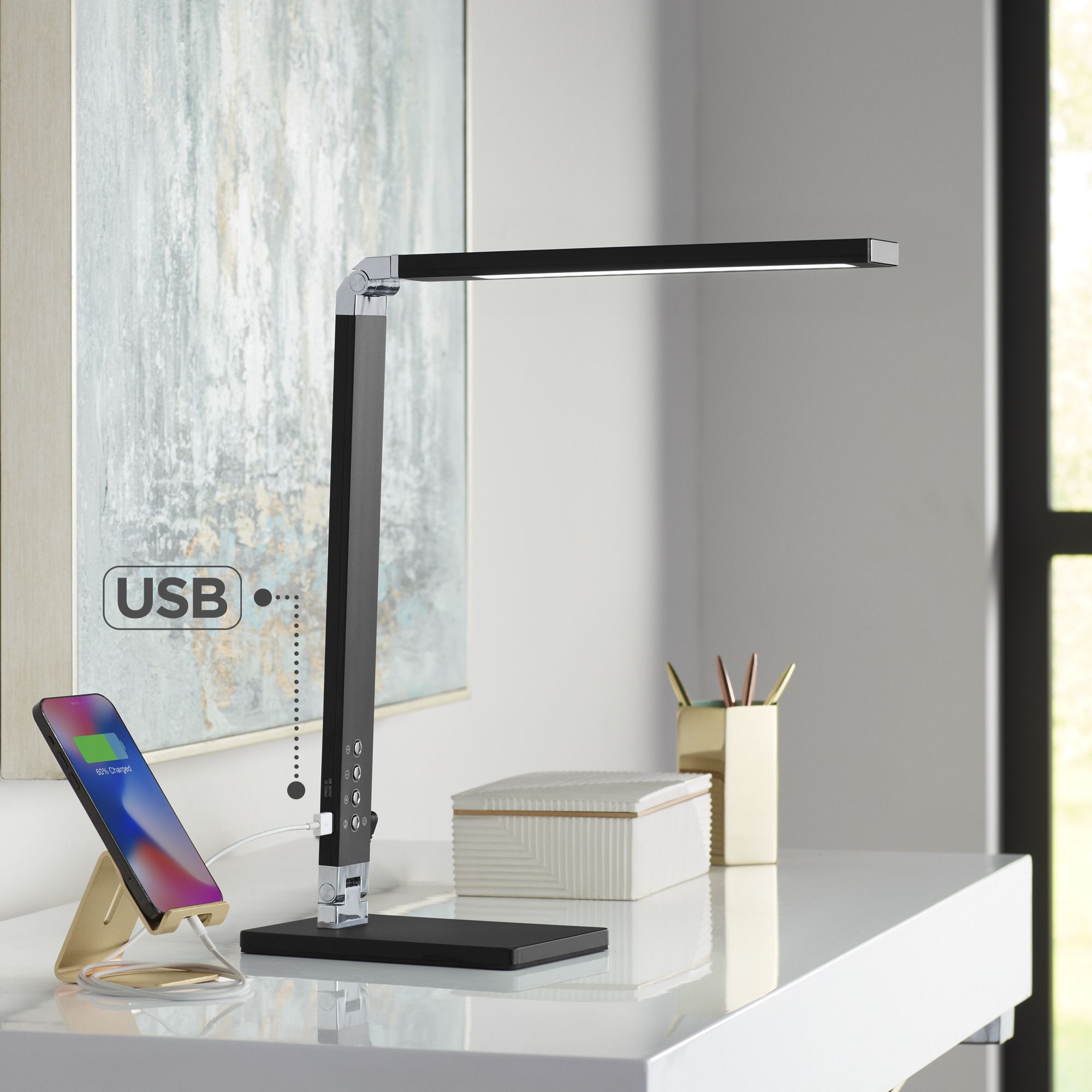 Possini Euro Jett 16 1/2" Black Modern LED Desk Lamp with USB Port