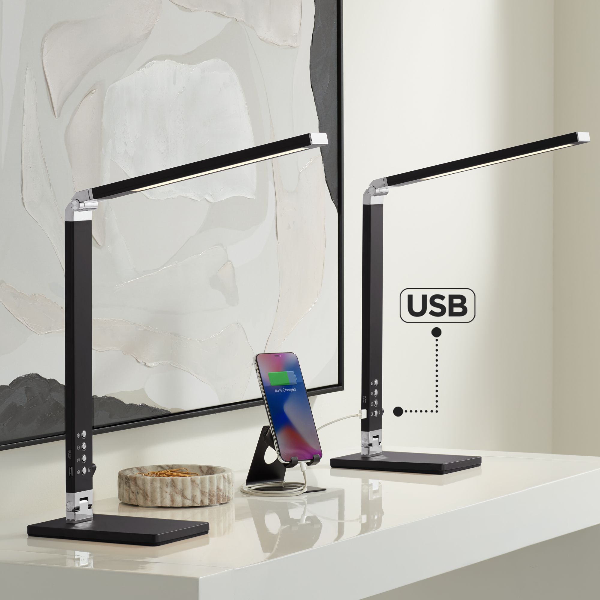 Possini Euro Jett Black LED Desk Lamps Set of 2 with USB and Night Light
