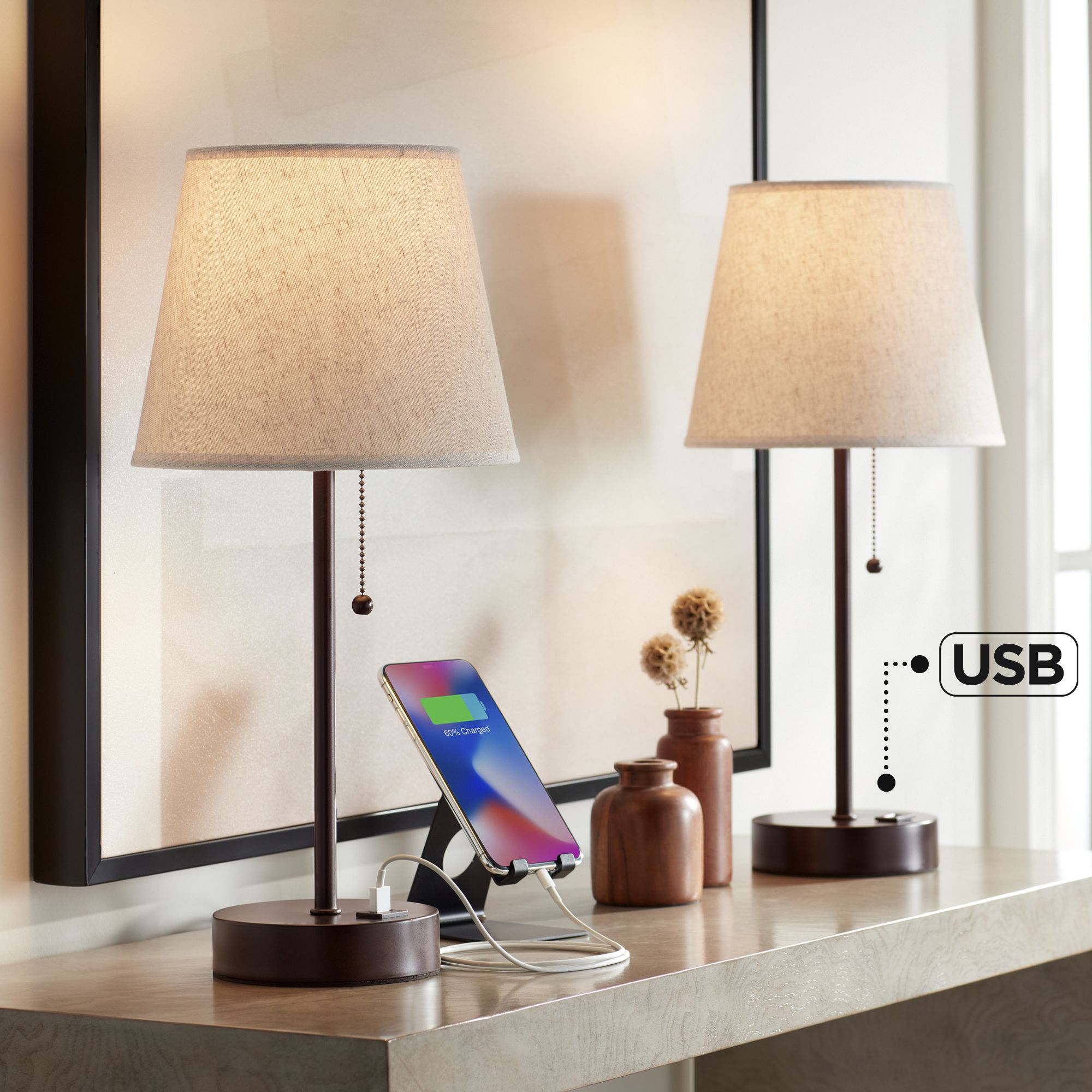 Possini Euro Justin 18 1/4" High Bronze USB Table Lamps Set of 2