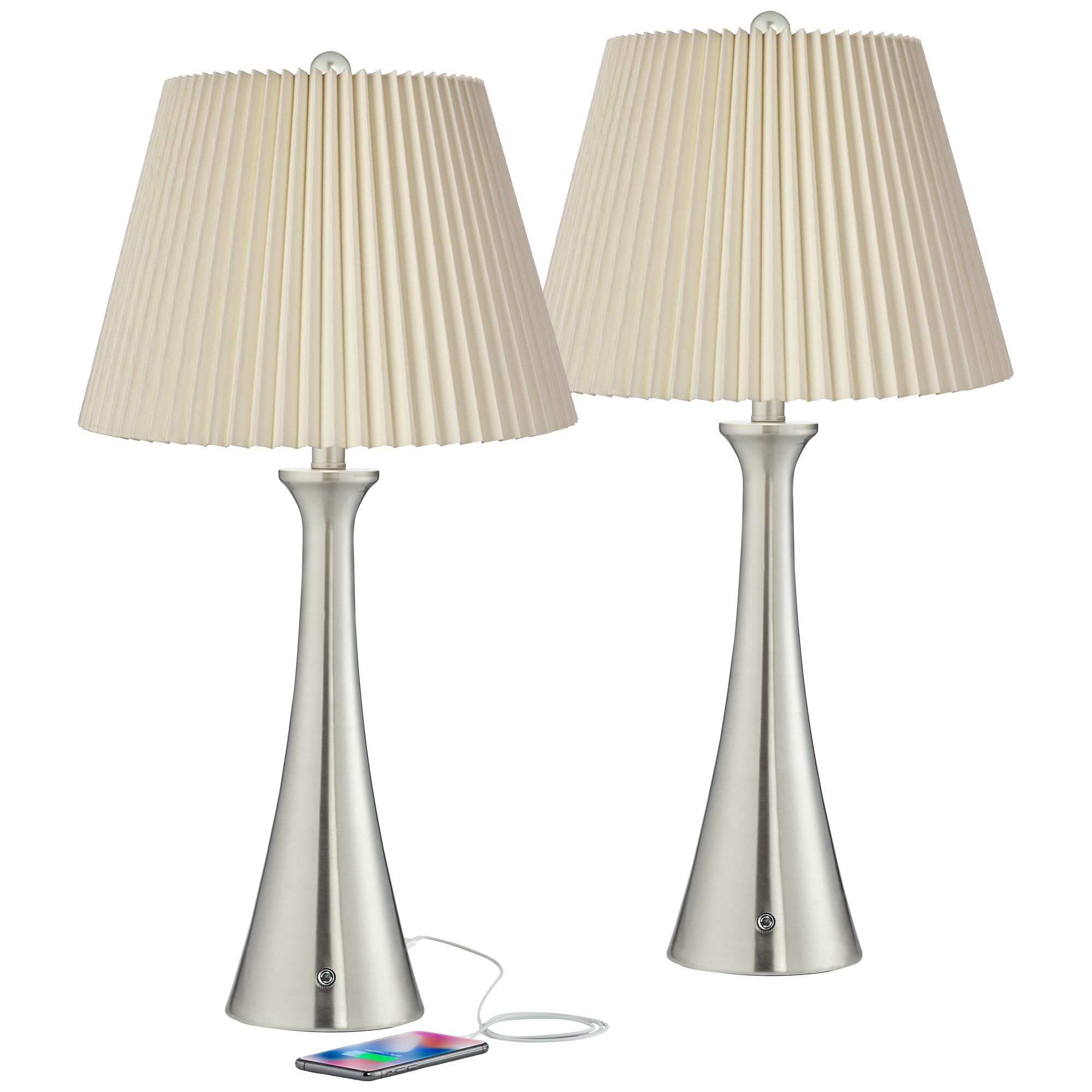 Possini Euro Karl 27 1/2" Pleated Shades and Nickel USB Lamps Set of 2
