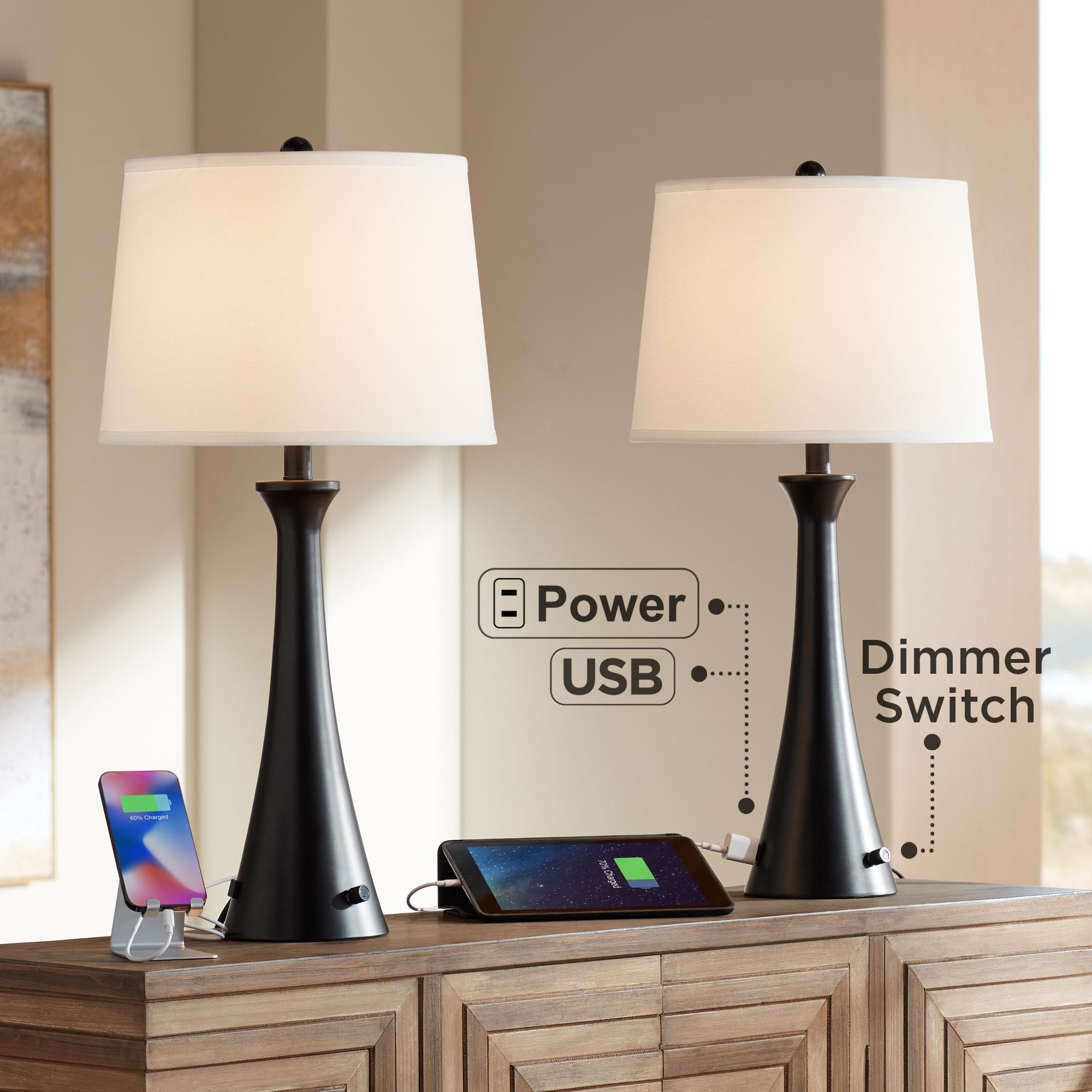 Possini Euro Karl 28 1/4" Black Finish Outlet-USB Table Lamps Set of 2