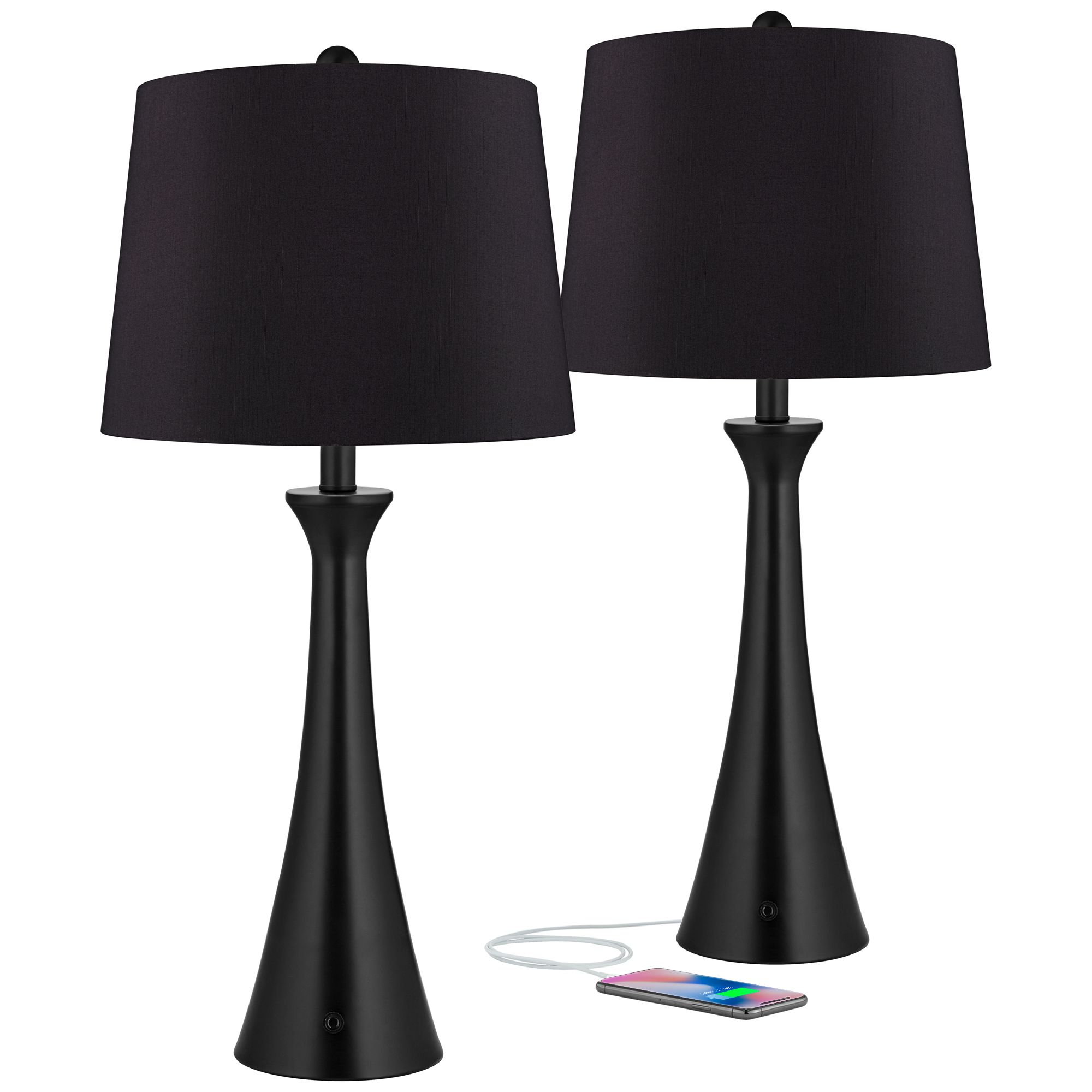 Image 2 Possini Euro Karl Modern Black Outlet and USB Table Lamps Set with Dimmers