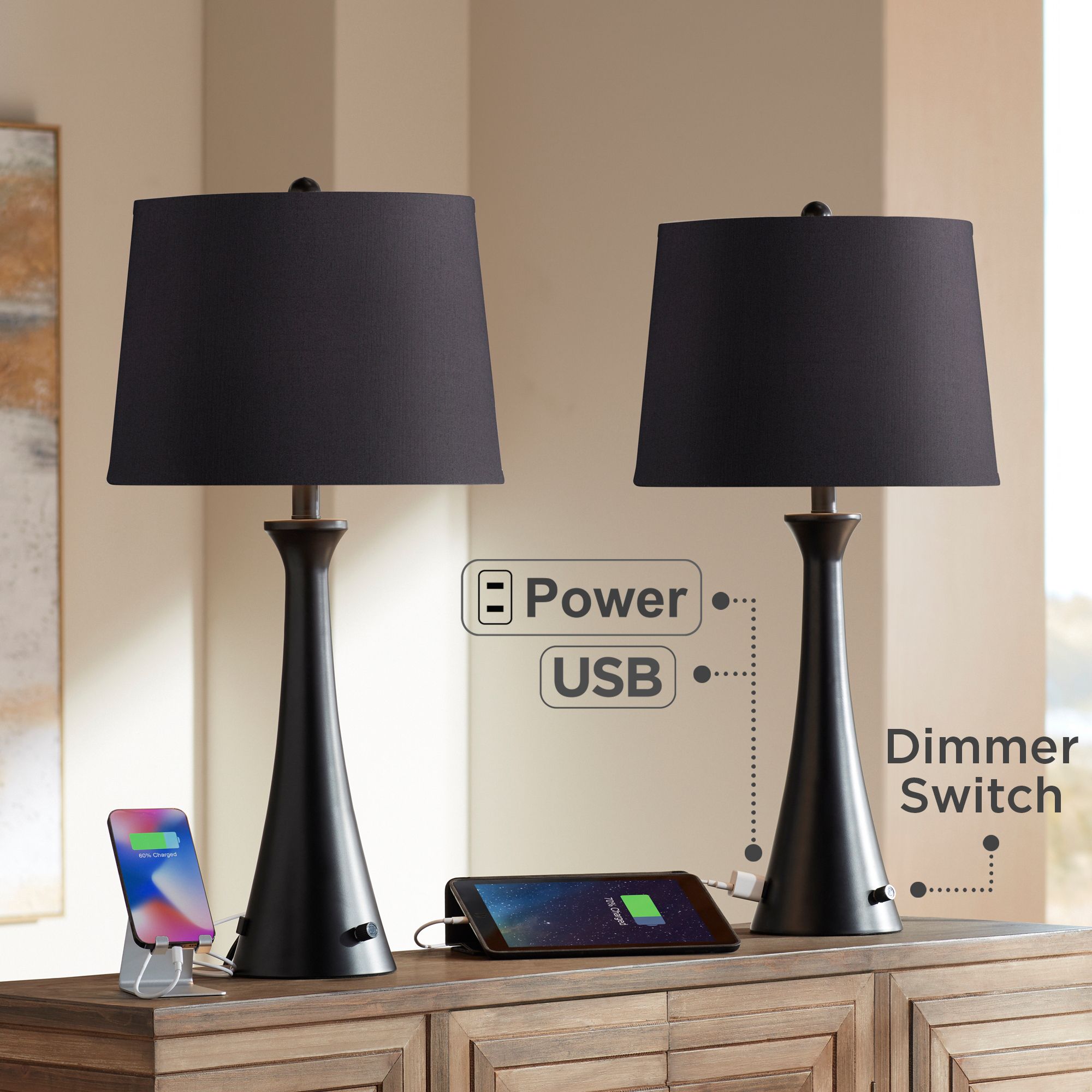 Possini Euro Karl Modern Black Outlet and USB Table Lamps Set with Dimmers