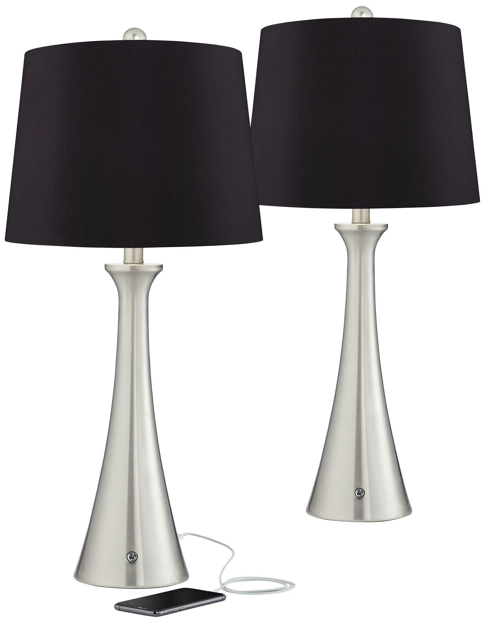 Possini Euro Karl Nickel and Black Shade Lamps Set of 2 with USB and Outlet