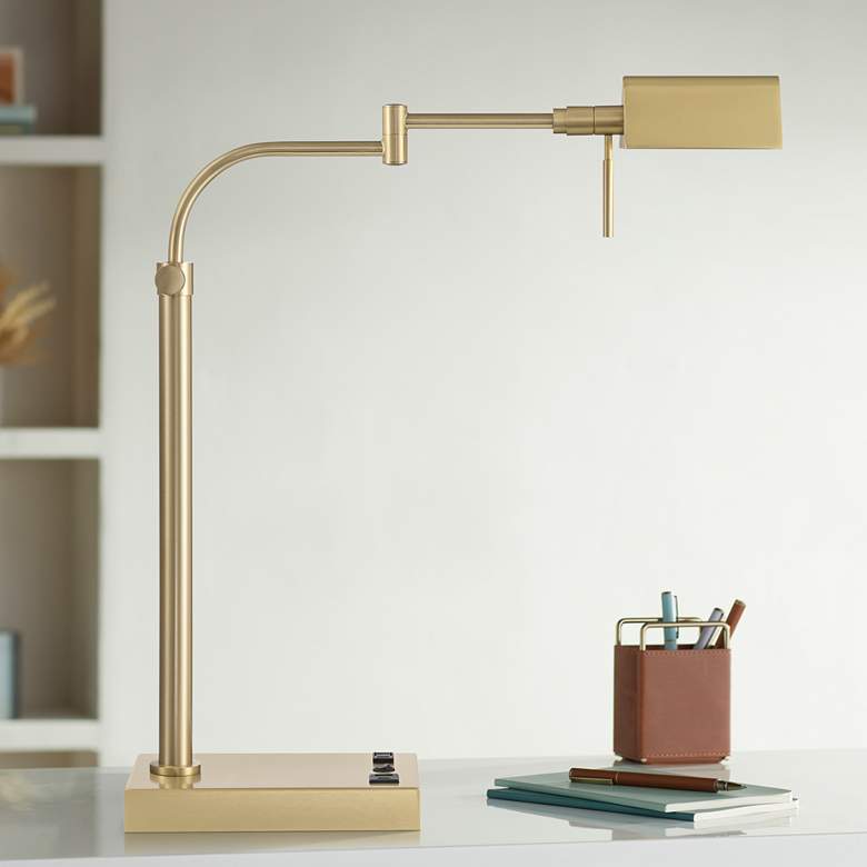 Image 1 Possini Euro Keegan Adjustable Brass Finish USB and Outlet Desk Lamp