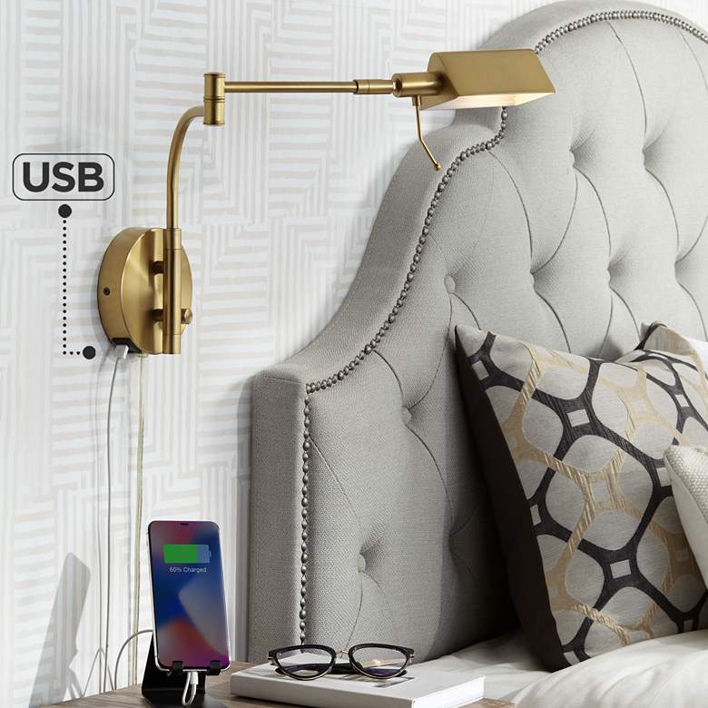 Image 1 Possini Euro Keegan Plug-In Swing Arm Wall Lamp with Dual USB Ports
