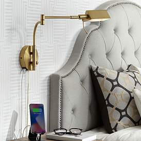 Image1 of Possini Euro Keegan Plug-In Swing Arm Wall Lamp with Dual USB Ports