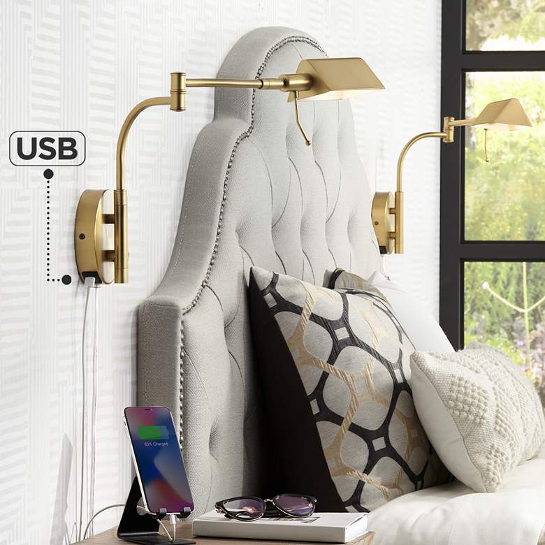 Image 1 Possini Euro Keegan Plug-In Wall Lamps with Dual USB Ports Set of 2