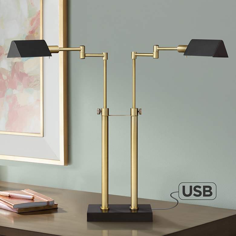 Image 1 Possini Euro Keegan Warm Gold and Black 2-Arm Desk Lamp with Dual USB Ports