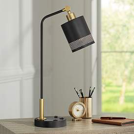 Image1 of Possini Euro Keller 24" High Black and Brass Outlet and USB Desk Lamp