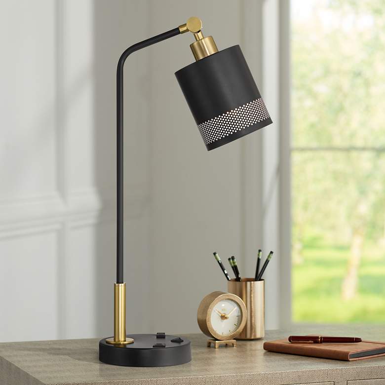 Image 1 Possini Euro Keller 24" High Black and Brass Outlet and USB Desk Lamp