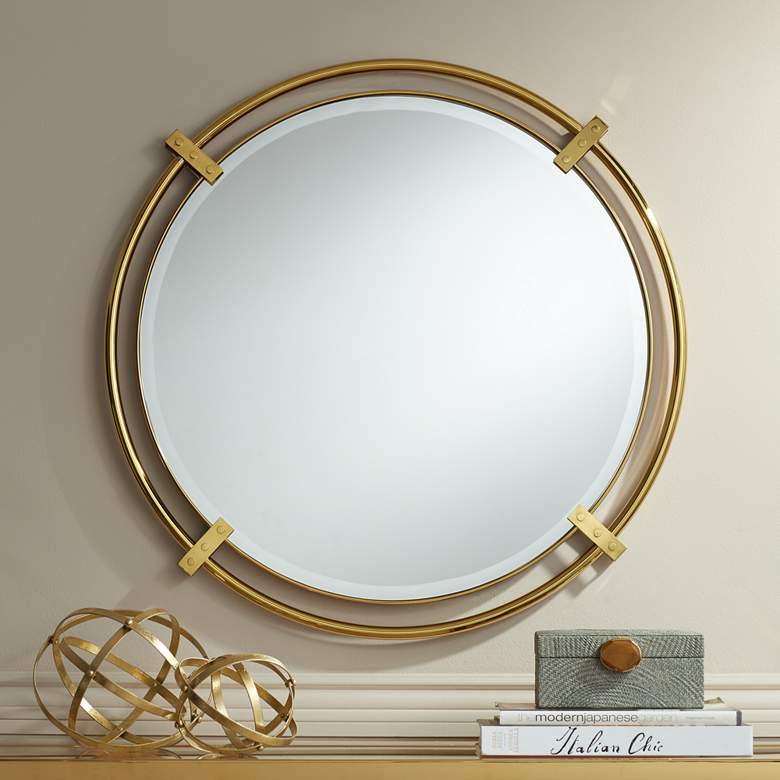 Image 1 Possini Euro Kenton 32 inch Round Gold Bracket Wall Mirror