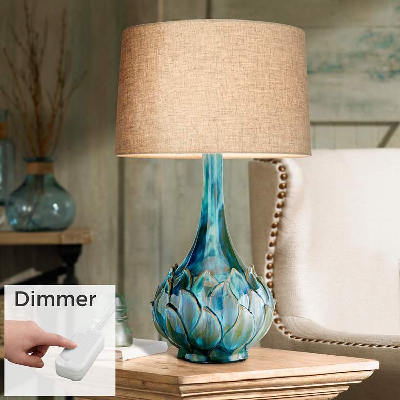 Image 1 Possini Euro Kenya 29 1/2 inch Blue-Green Ceramic Lamp with Dimmer