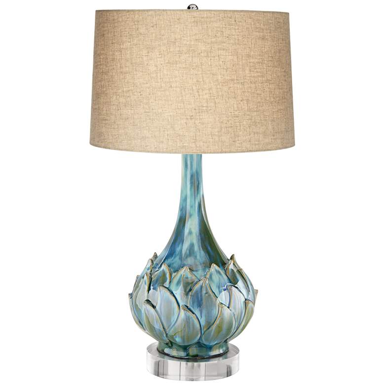Possini Euro Kenya Blue-Green Ceramic Lamp With 8&quot; Wide Round Riser