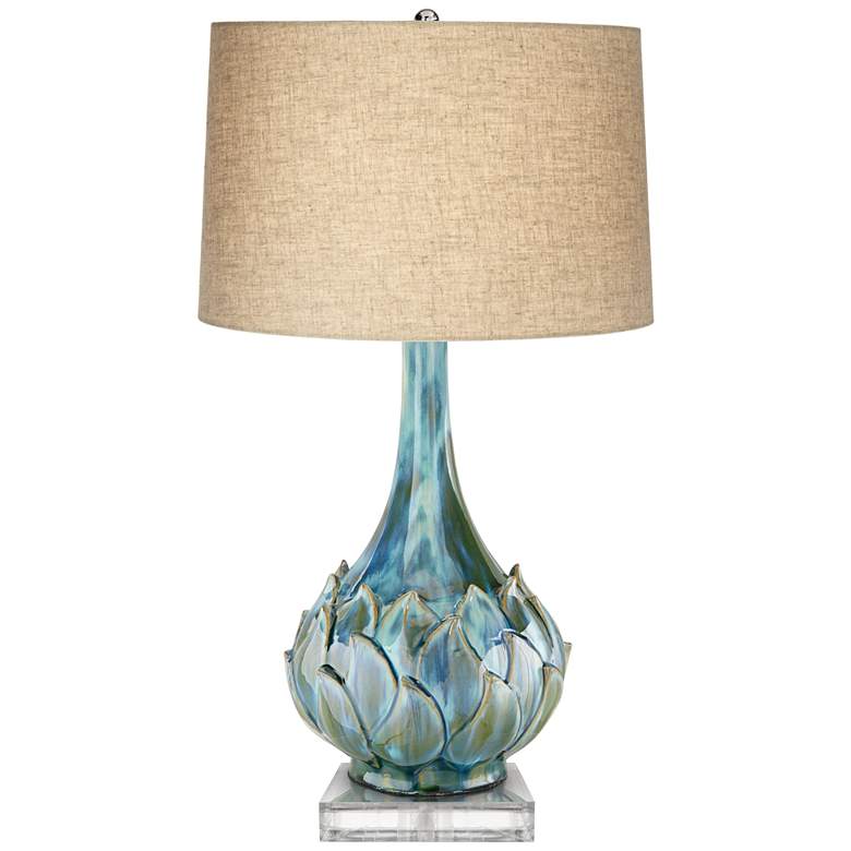 Image 1 Possini Euro Kenya Blue-Green Ceramic Lamp With 8 inch Wide Square Riser
