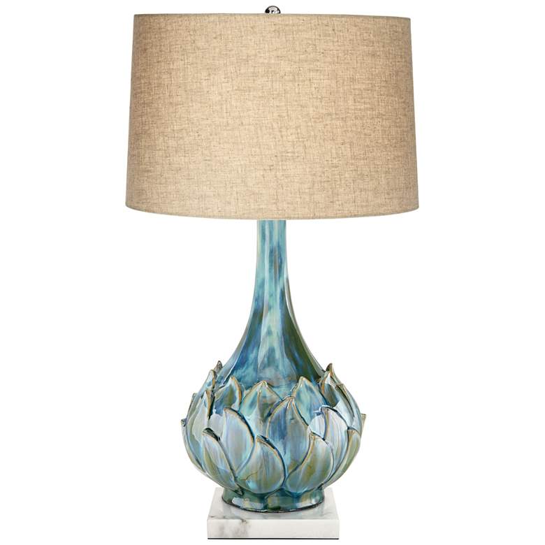Image 1 Possini Euro Kenya Blue Green Ceramic Lamp with Square White Marble Riser