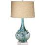Possini Euro Kenya Blue Green Ceramic Lamp with Square White Marble Riser