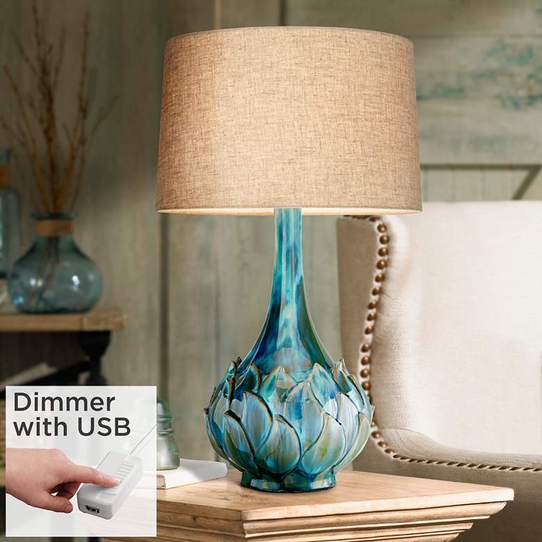 Image 1 Possini Euro Kenya Blue-Green Ceramic Table Lamp With Dimmer with USB Port