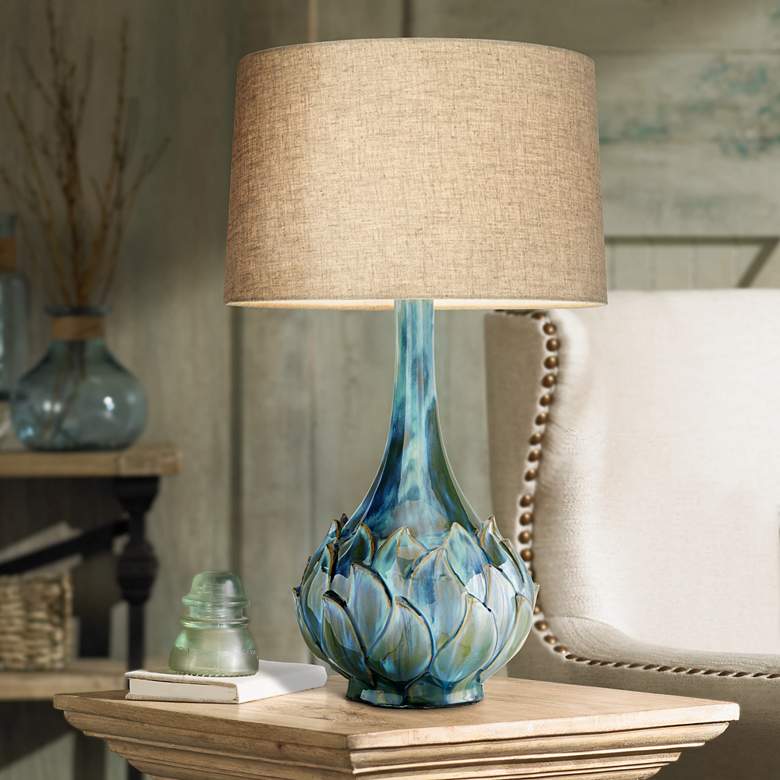 Image 2 Possini Euro Kenya Flower Blue Green Ceramic Table Lamp