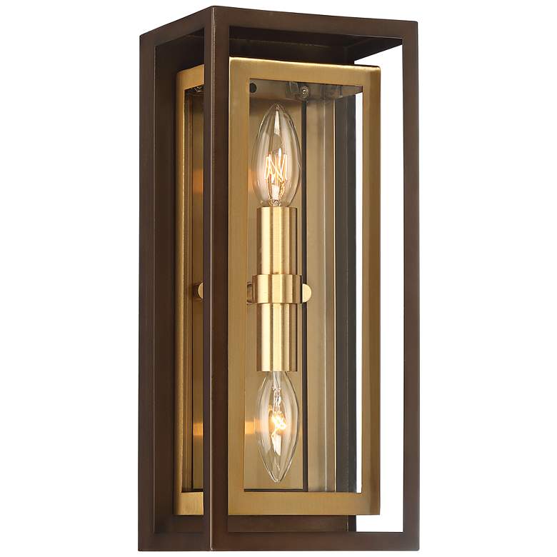 Image 2 Possini Euro Kie 14" Bronze Brass Rectangle Glass Outdoor Wall Light