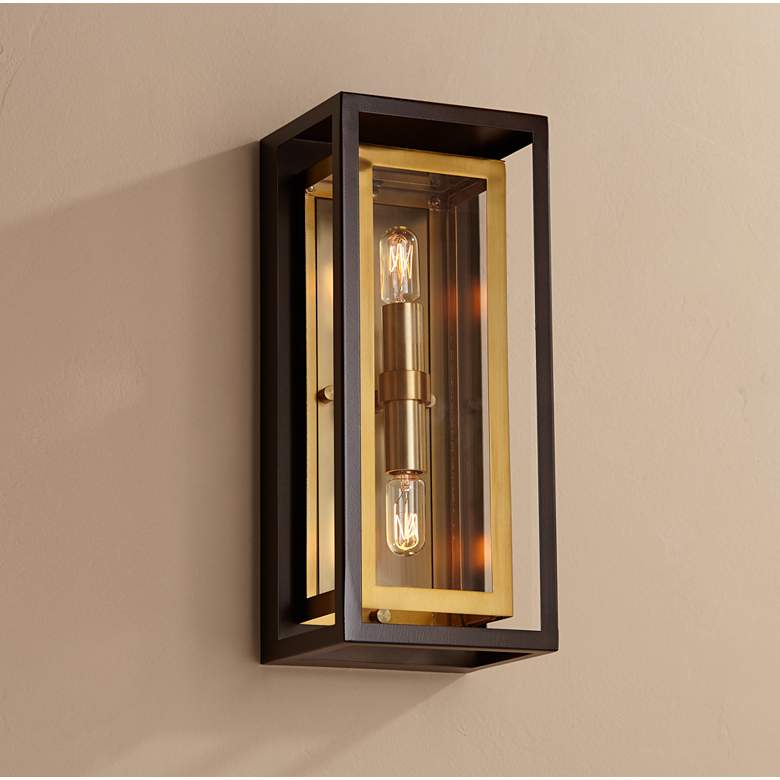 Image 1 Possini Euro Kie 14" Bronze Brass Rectangle Glass Outdoor Wall Light