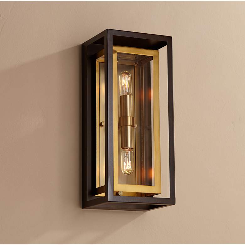 Image 1 Possini Euro Kie 14 inch Bronze Brass Rectangle Glass Outdoor Wall Light