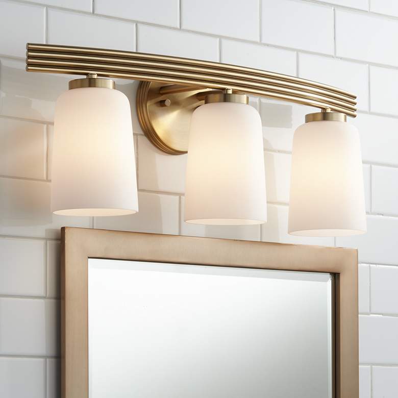 Image 1 Possini Euro Kindred 23 1/2 inch Warm Brass Opal Glass 3-Light Bath Light