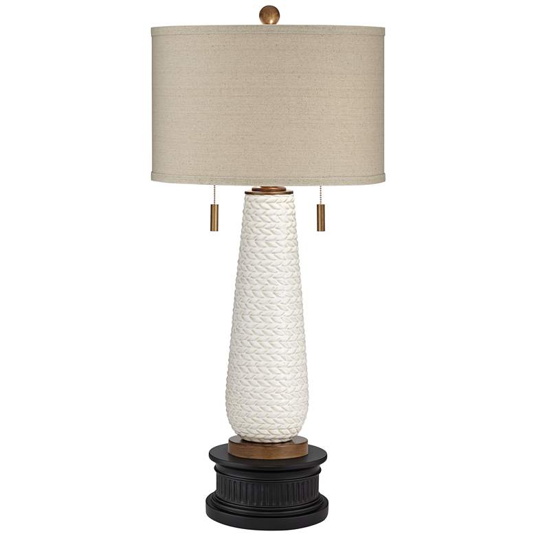 Image 1 Possini Euro Kingston White Pull Chain Table Lamp With Black Round Riser