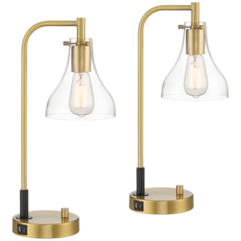 Possini Euro Kinzie 19 Gold USB and Outlet Desk Lamps Set of 2